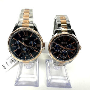 New Fossil His and Hers Multifunction Rose Gold Silver Two-Tone Watch BQ2736SET